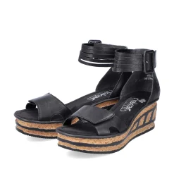 Rieker Summer Shoes-Women'S Wedge Sandals Glossy Black